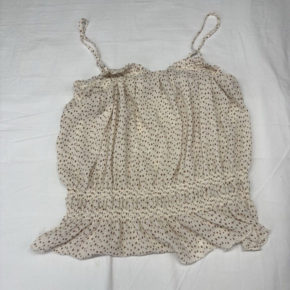 E&M Women’s L Beige Brown Polka Dot Cold Shoulder Peplum Blouse Ruffle